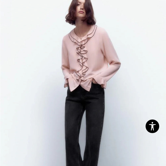 Zara  jewel button cascade ruffle blouse in pale pink and black size medium - Picture 15 of 15